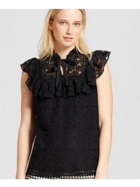 Who What Wear by target Black Lace Ruffle Blouse Top Medium Flutter Dress Casual